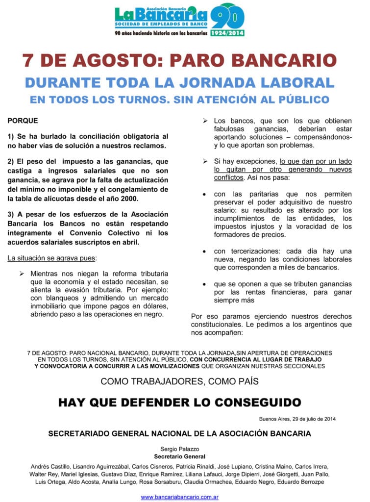 Paro el 7 de Agosto: Comunicado de la Bancaria