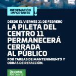 Natatorio del Centro 11 permanecerá cerrado por refacciones