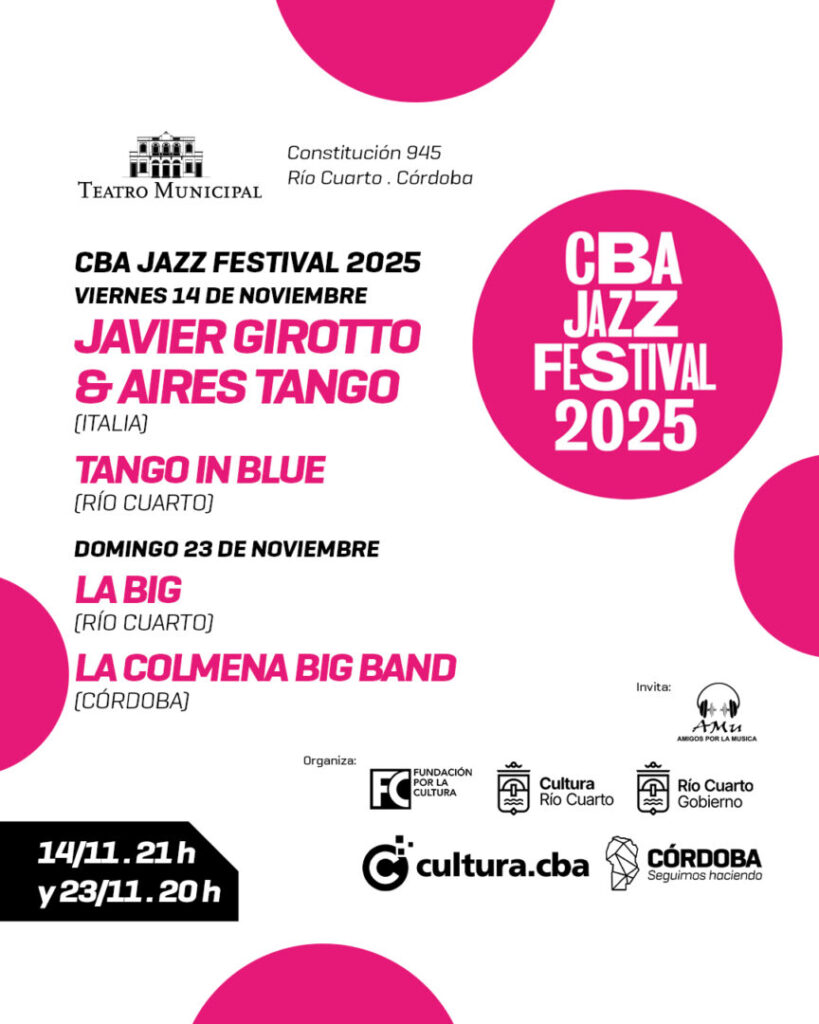 16° Festival Internacional de Jazz de la Provincia de Córdoba: Dos noches imperdibles en Río Cuarto con artistas internacionales y locales que celebran la riqueza del jazz y la música en vivoOrganizado por el Gobierno de Córdoba, a través de la Agencia Córdoba Cultura, y con la colaboración de diversas instituciones internacionales, del 12 al 24 de noviembre se desarrollará una nueva edición del Festival Internacional de Jazz de la Provincia de Córdoba.Consolidado como un espacio de encuentro, intercambio y crecimiento artístico, el festival promueve el desarrollo de la escena local al generar un diálogo entre artistas emergentes y figuras de reconocimiento internacional.