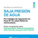 Baja presión de agua por trabajos de reparación en el Pozo Nº 37