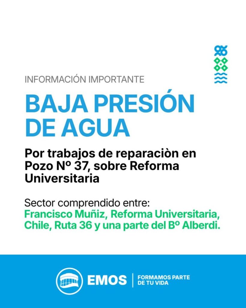 Baja presión de agua por trabajos de reparación en el Pozo Nº 37