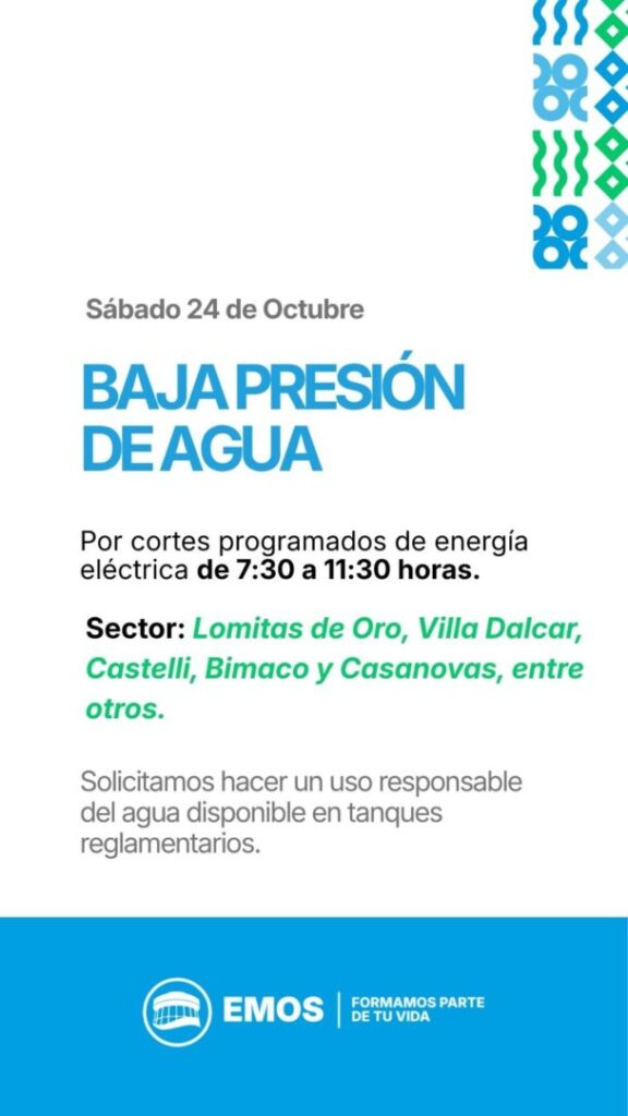 Cortes programados de energía eléctrica podrían afectar la presión del agua en distintos sectores